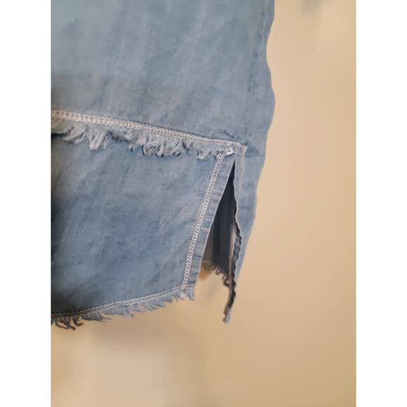 Tru Luxe Jeans Women Chambray Tunic Top Fringe Short Sleeve V-Neck Blue Small - Picture 2 of 9